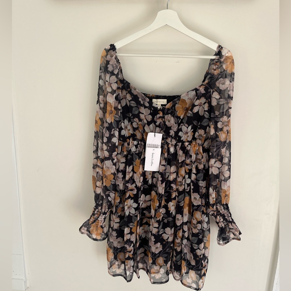 Promesa Black and Cream Floral Long Sleeve Dress